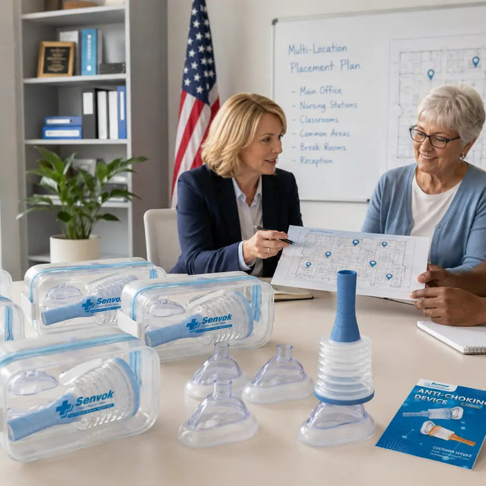 SENVOK Anti-Choking Device bulk program presentation showing a safety coordinator reviewing a multi-location placement plan with school and senior living representatives, with anti-choking devices, masks, and institutional quote brochures on the table.