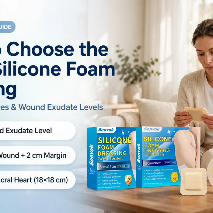 Woman examining Senvok bordered square and sacral heart silicone foam dressings for pressure sores and wound exudate care