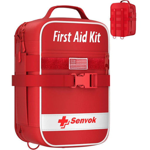 Front view of a red Senvok first aid bag with a US flag patch, highlighting the durable nylon material and easy-open buckle design.