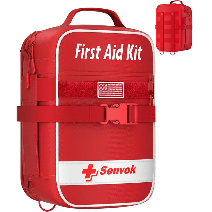 Front view of a red Senvok first aid bag with a US flag patch, highlighting the durable nylon material and easy-open buckle design.