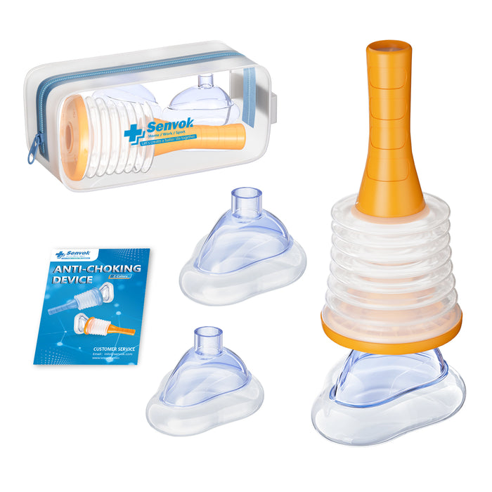 Senvok anti-choking device set including a suction device with a one-way valve, three different sizes of masks (child, adult, and practice mask), and a portable storage bag.