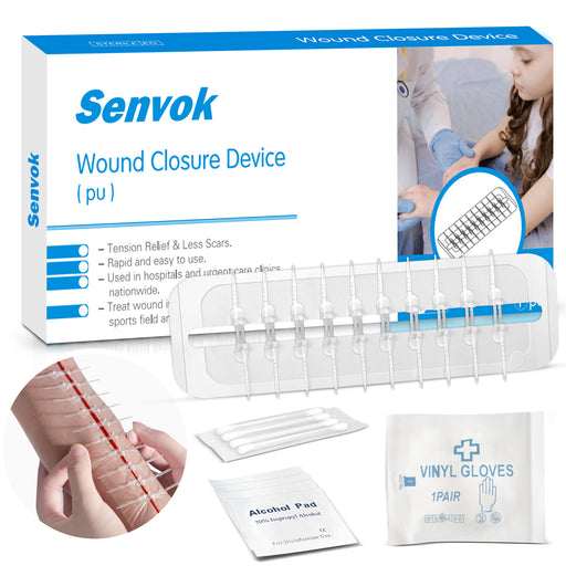 Packaging of Senvok Wound Closure Device ( 10 straps ) with an image showing the device and additional accessories such as cleaning wipes, cotton swabs, and vinyl gloves.