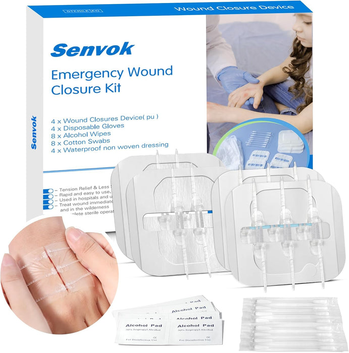 Packaging and product contents of Senvok Emergency Wound Closure Kit, including wound closure devices, disposable gloves, alcohol wipes, cotton swabs, and waterproof woven dressings.