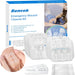 Packaging and product contents of Senvok Emergency Wound Closure Kit, including wound closure devices, disposable gloves, alcohol wipes, cotton swabs, and waterproof woven dressings.