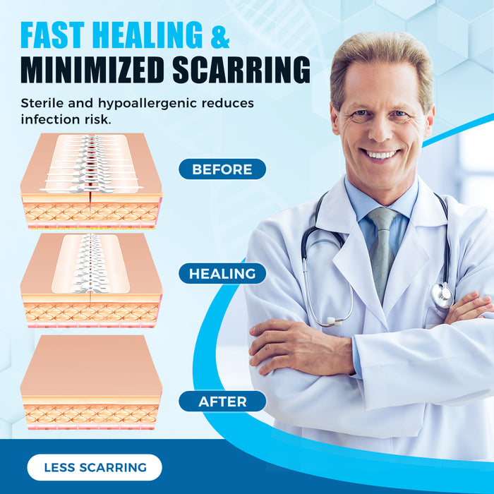 Before and after wound healing with wound closure strips, zip stitch alternative to stitches to help reduce scarring and infection risk.
