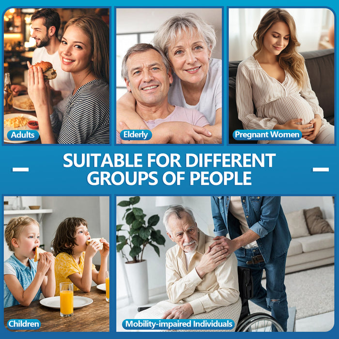 Collage showing the anti-choking device for different groups, including adults, seniors, pregnant women, children, and mobility-impaired individuals.