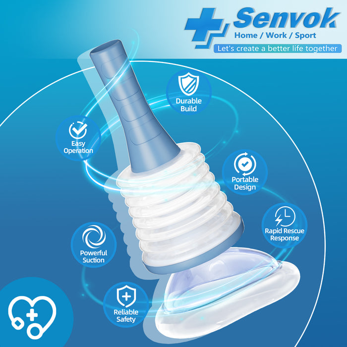 Senvok anti-choking suction device with feature icons for easy operation, portability, durable build, powerful suction, and rapid response.
