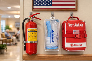 A Senvok choking rescue device mounted on a nursing home wall next to a fire extinguisher and first aid kit.