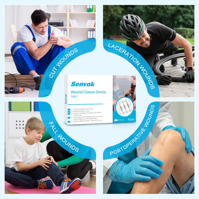 Senvok wound closure device use cases for cut wounds, lacerations, fall injuries, and post-operative wound support.
