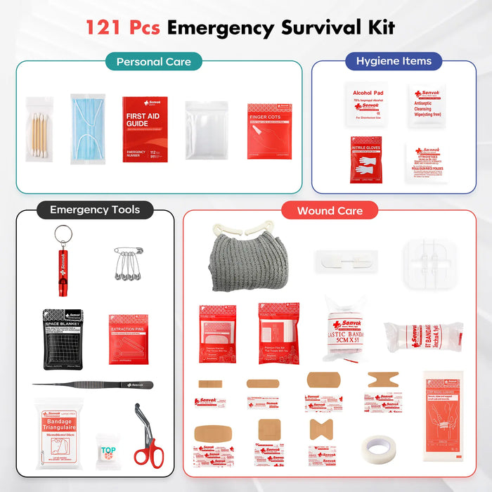 Senvok 121 Pcs First Aid Kit for Car, Home & Travel - Emergency Survival Kit with Zip Stitch Wound Closure and Molle Pack Pockets - Ideal for Camping, Hiking, Outdoor Adventures