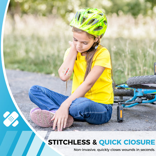 stitchless wound closure device, quick wound closure strips for kids, minor cuts and lacerations, non invasive skin closure